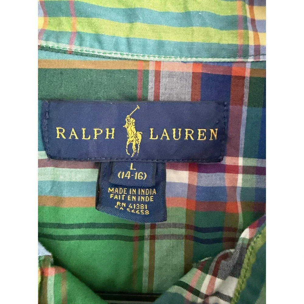 Ralph Lauren Boys Large 14/16 Green Madras Plaid Button Down Shirt Sleeve Preppy